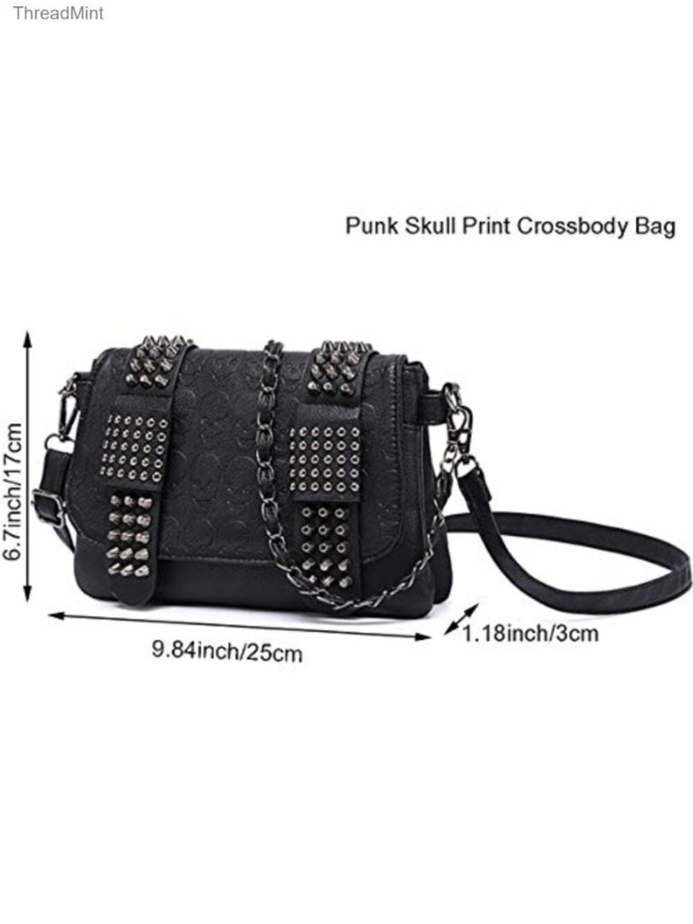 Punk Skull Flap Shoulder Bag PU Leather Goth Chain Satchel - Picture 4 of 5